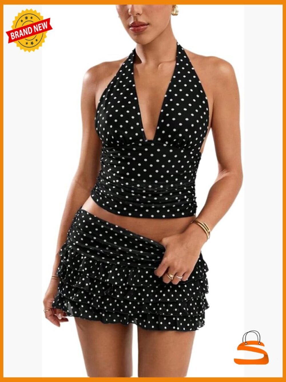 Polka Dot 2 Piece Skirt Set Halter Top Ruffle Mini Skirt Vacation Outfit
